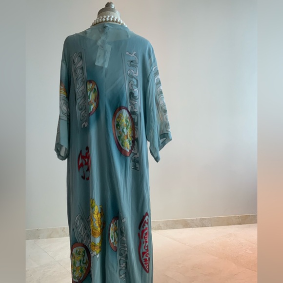 Sheer Silk Chiffon Blue Dragon Print Kimono Duster XLG NWT - Picture 7 of 7